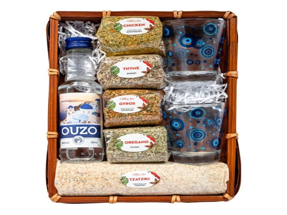 Gift Set in a basket with 5 spices, ouzo 50ml & 2 shot glasses