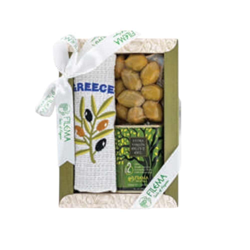 Gift Set με ελιές 60gr, ποτηρόπανο & λάδι σε μεταλλικό δοχείο 100ml