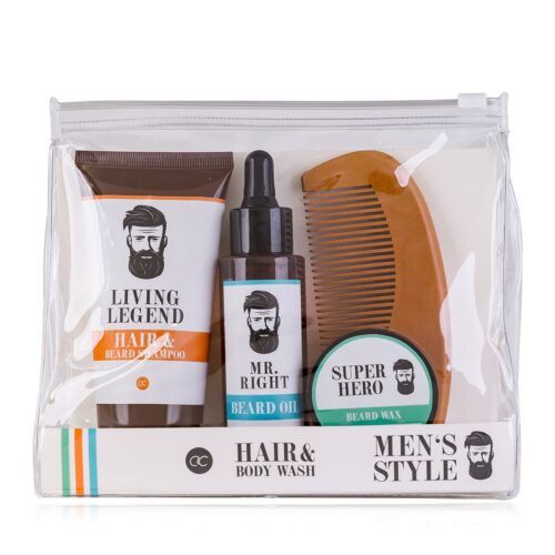 Men's grooming set with comb, shampoo 95ml, beard wax & beard oil, Men's Style - Accentra